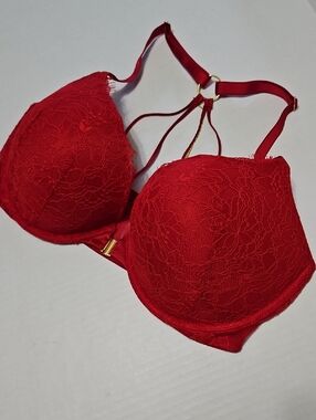 Victoria's Secret Red Lace Strappy Front Closure Push-Up Bra Size 38DD